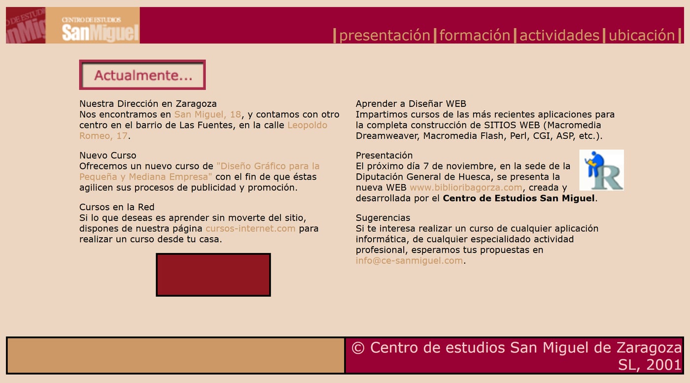 Página de inicio de la web de Centro de Estudios San Miguel el 3 de diciembre de 2001, con la dirección de la calle de San Miguel, 18, y el apartado de cursos en la red